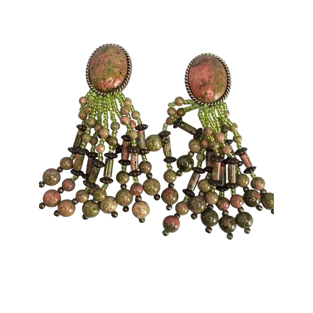 Vintage Unakite Stone Clip-On Earrings Dangling Beaded Tassel Multicolor - Picture 6 of 7